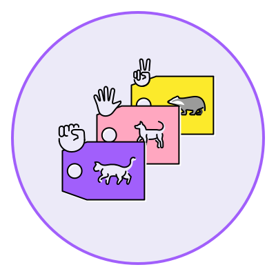 Illustration of hands making the signs of rock, paper, and scissors on top of different labels